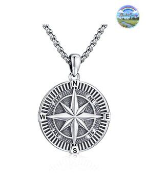 925 Sterling Silver Compass Pendant Necklace with Locket Uranium Ashes Picture